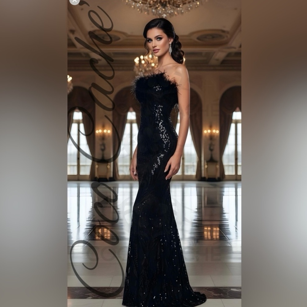 Elegant Black Strapless Backless Feather Mermaid Cocktail Maxi Party Dress